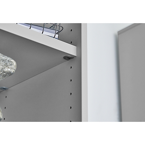 Close-up of a shelf system with a white shelf. The fasteners are clearly visible.