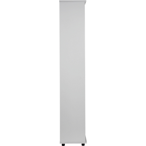 Light gray cabinet. Rectangular shape with straight edge. Black feet.