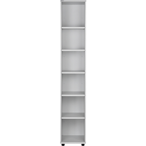 Tall white cabinet with six shelves. It stands on black castors.