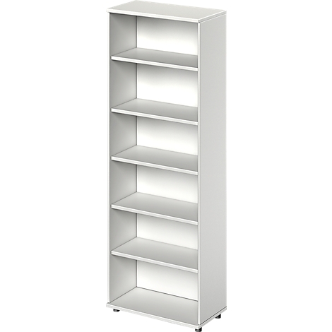 A white bookcase with five shelves. The sides, shelves, and back are smooth and light in color.