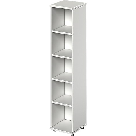 Grey bookcase with four shelves. It stands on small black feet.