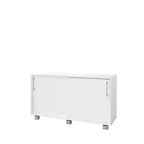 White sideboard with sliding doors, silver handles and feet.