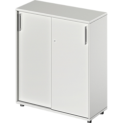White cabinet with two doors and handles. Standing on small feet.