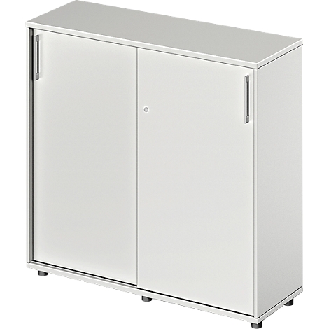 White cabinet with sliding doors, silver handles and feet.