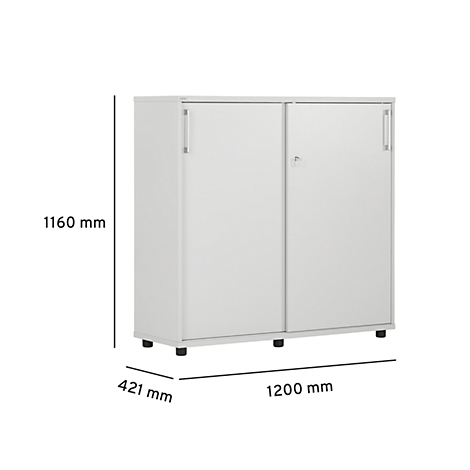 White cabinet with sliding doors, dimensions: 1160x1200x421 mm. Handles and lock. Black feet.