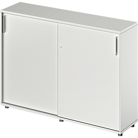 White cabinet with sliding doors, handles and small feet.