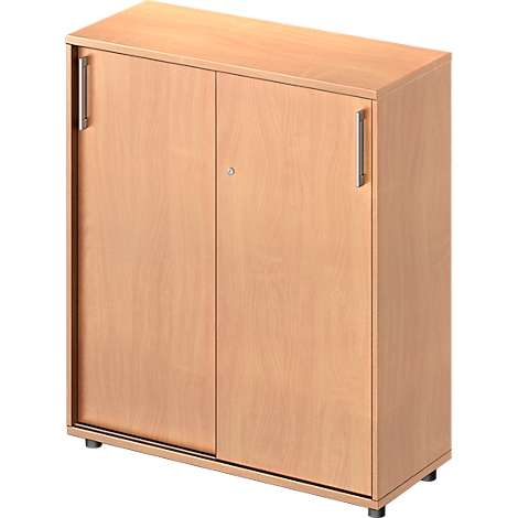 Wooden cabinet with two doors. Simple design with silver handles.