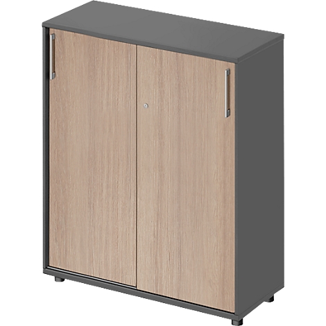 Cabinet with light brown wooden doors, gray sides and handles.