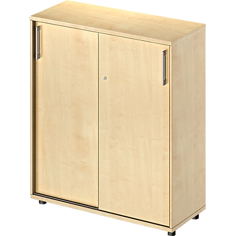 Light brown office cabinet with sliding doors and metal handles.