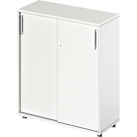 White cabinet with two sliding doors and silver handles.