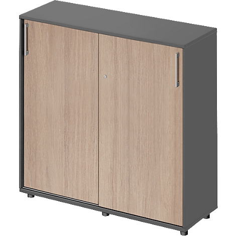 A gray cabinet with two wooden doors. The handles are silver.