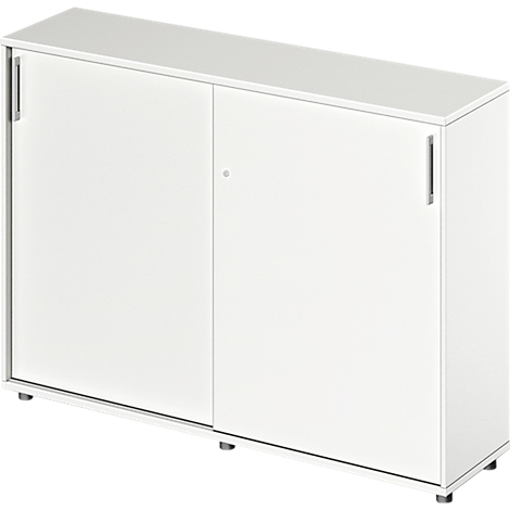 White cabinet with sliding doors and silver handles.