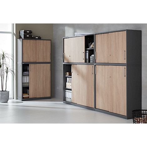 Office cabinets with wooden fronts, gray frames, and sliding doors. Plants and office supplies are visible in the background.