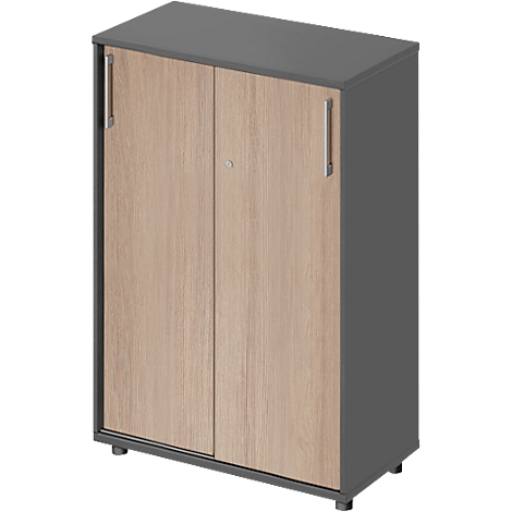 A gray cabinet with wooden doors and silver handles.