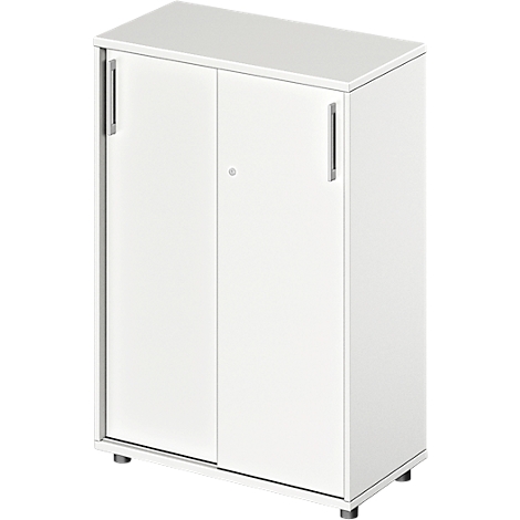 White cabinet with two doors and silver handles. Standing on feet.