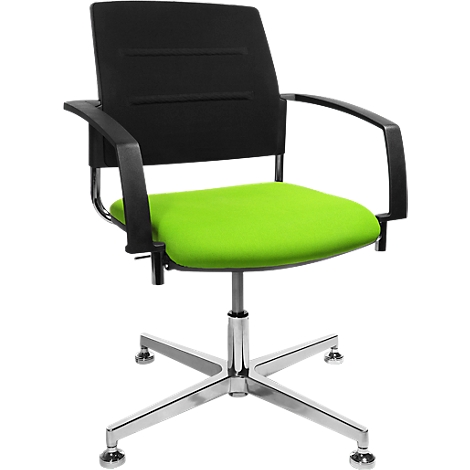 Office chair with black backrest, black armrests, green seat, and silver base.