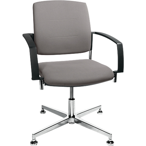 A gray office chair with armrests, black frame, and a chrome-plated base.