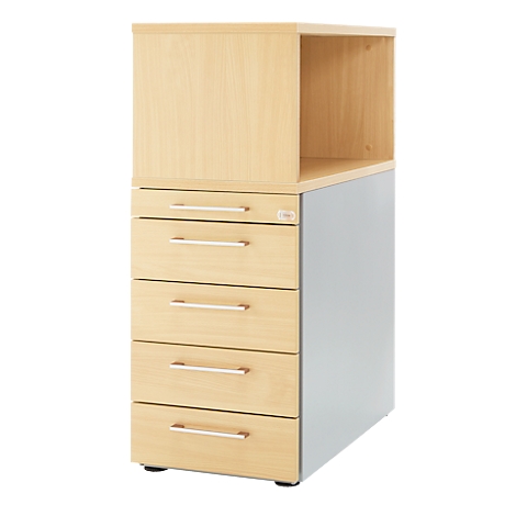 Ein holzfarbener Schrank mit fünf Schubladen und einem offenen Fach. Seitenteile sind hellgrau.