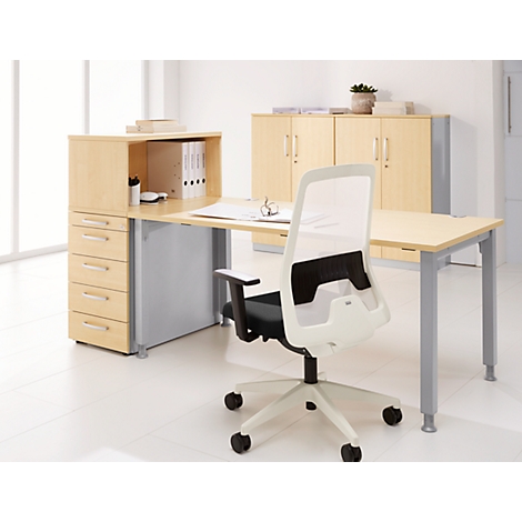 Hellhöriger Bürotisch mit weißem Mesh-Bürostuhl, Aktenordnern und Schränken im Hintergrund.