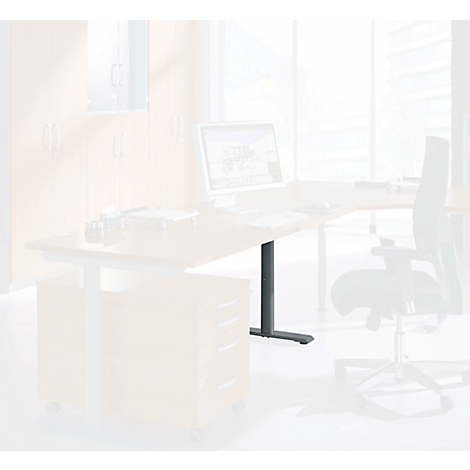 An ergonomic desk in a bright office. The desk has a dark base and a computer on it.