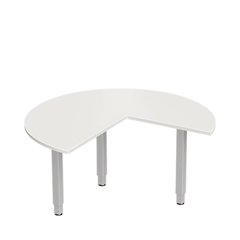 Un bureau blanc en demi-cercle avec trois pieds gris sur fond blanc.