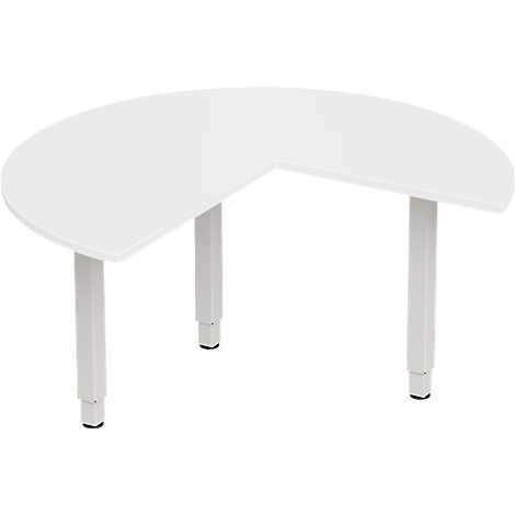 Un bureau blanc en demi-cercle avec trois pieds réglables en hauteur.