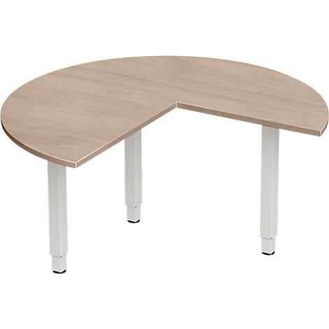 Un bureau en demi-cercle en bois avec des pieds blancs. Le dessus de la table a un grain de bois clair et est fixé à trois pieds.