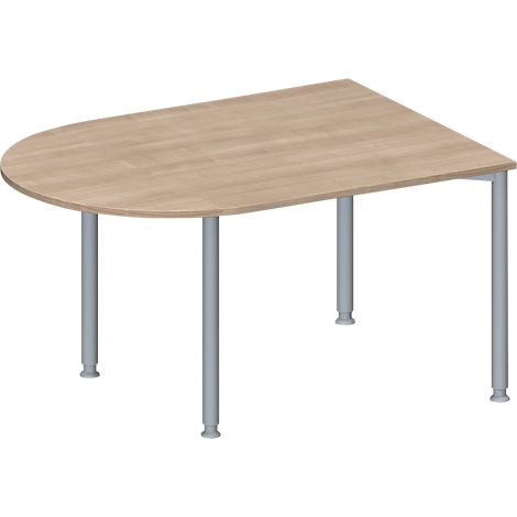 Une table brun clair, en forme de demi-cercle, avec des pieds gris. Le plateau de la table est en bois et repose sur quatre pieds métalliques gris.
