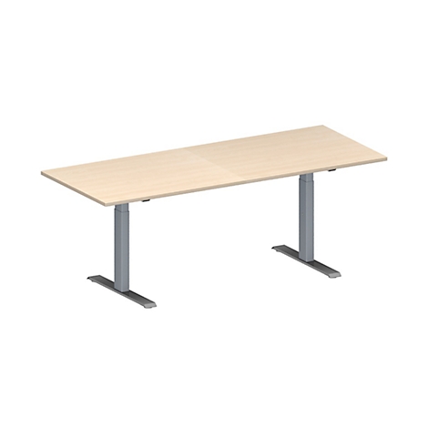 Bureau rectangulaire brun clair avec deux pieds en forme de pilier gris sur fond blanc.