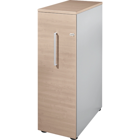 Wooden cabinet with a gray side, silver handle and lock, standing on black feet.