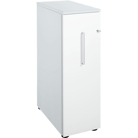 White cabinet with a long, vertical handle. Small knob and black feet.