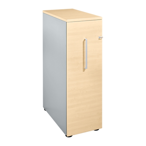 Cabinet with light wood and gray metal. Handle and lock.