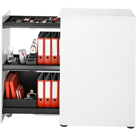 White office container, with open drawers. Inside are folders, pens, water bottle and cup.