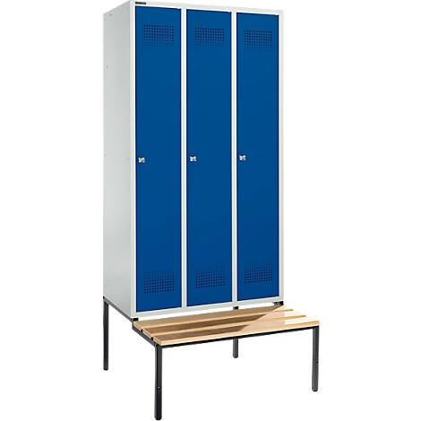 Schäfer Shop Genius Taquilla con banco, 3 compartimentos, anchura compartimento 300 mm, cerradura de cilindro, gris luminoso/azul genciana