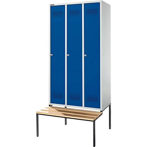 Schäfer Shop Genius Taquilla con banco, 3 compartimentos, anchura compartimento 300 mm, cerradura de cilindro, gris luminoso/azul genciana