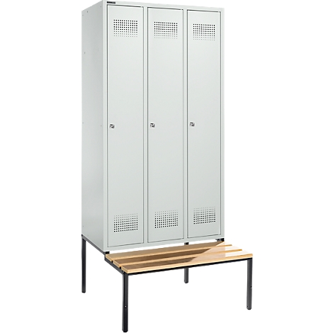 Schäfer Shop Genius Taquilla con banco, 3 compartimentos, anchura compartimento 300 mm, cerradura de cilindro, gris luminoso/gris luminoso