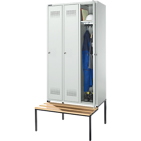 Schäfer Shop Genius Taquilla con banco, 3 compartimentos, anchura compartimento 300 mm, cerradura de cilindro, gris luminoso/gris luminoso