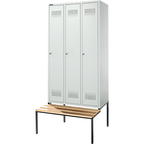 Schäfer Shop Genius Taquilla con banco, 3 compartimentos, anchura compartimento 300 mm, cerradura de cilindro, gris luminoso/gris luminoso