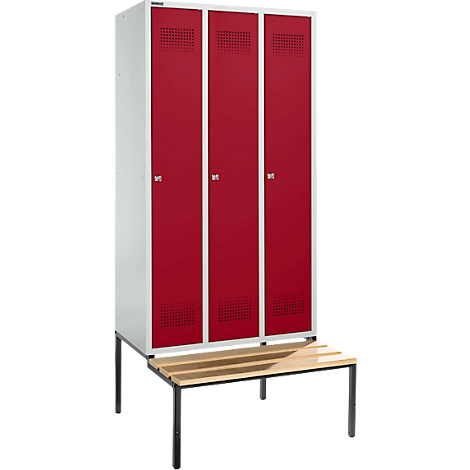Schäfer Shop Genius Taquilla con banco, 3 compartimentos, anchura compartimento 300 mm, cerradura de cilindro, gris luminoso/rojo rubí