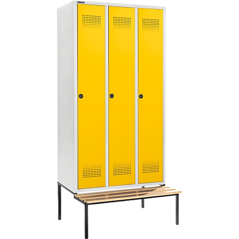 Schäfer Shop Genius Taquilla con banco, 3 compartimentos, anchura compartimento 300 mm, cierre de pasador giratorio de seguridad, gris luminoso/amarillo colza