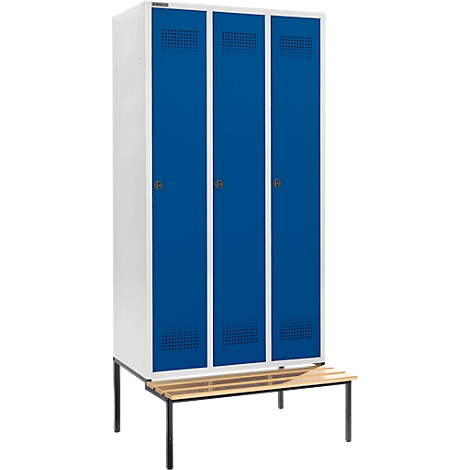 Schäfer Shop Genius Taquilla con banco, 3 compartimentos, anchura compartimento 300 mm, cierre de pasador giratorio de seguridad, gris luminoso/azul genciana