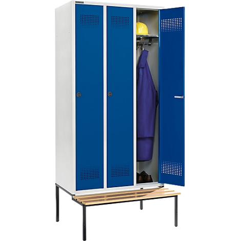 Schäfer Shop Genius Taquilla con banco, 3 compartimentos, anchura compartimento 300 mm, cierre de pasador giratorio de seguridad, gris luminoso/azul genciana
