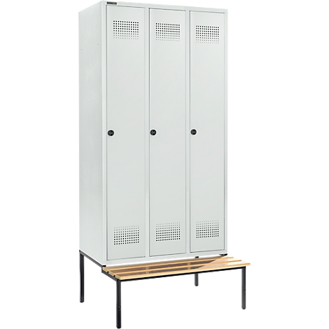 Schäfer Shop Genius Taquilla con banco, 3 compartimentos, anchura compartimento 300 mm, cierre de pasador giratorio de seguridad, gris luminoso/gris luminoso