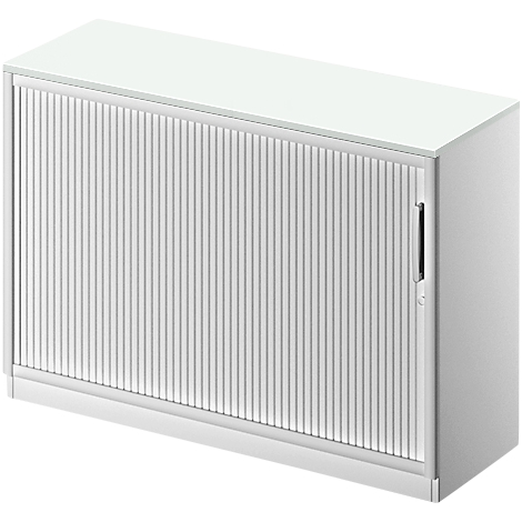 White cabinet with slatted door. The door has a vertical handle. The surface is smooth.