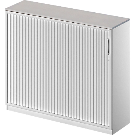 White rectangular cabinet with a ribbed front, handle, and smooth top.