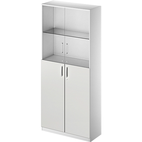 White office cabinet, upper half with glass doors, lower half closed. Two shelves.