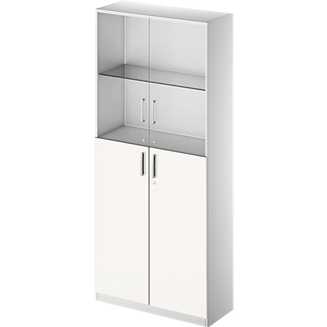 White office cabinet with glass doors, shelves, and lower cabinet doors. The cabinet stands against a white background.