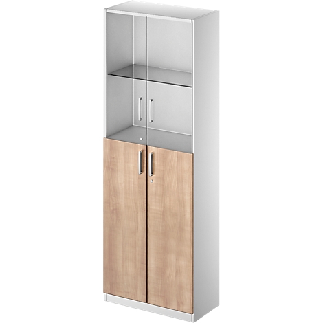 White office cabinet with glass display cabinet, below cabinet with wooden doors.