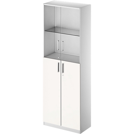 White office cabinet with glass and wooden doors.