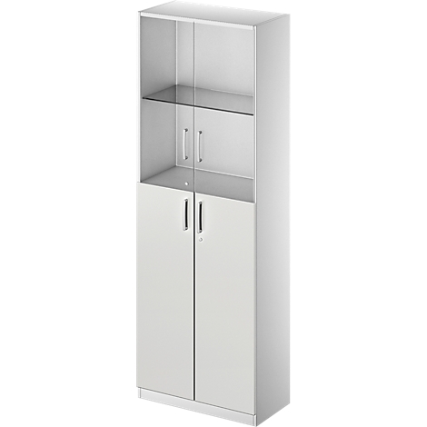 White cabinet with glass display case on top and doors below.